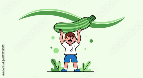 Happy Child Portraying Zucchini Over His Head in a Cheerful, Minimalistic Design