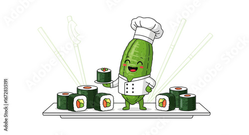 Happy Cucumber Chef Presents Delicious Sushi Rolls on White Plate, Cartoon Illustration