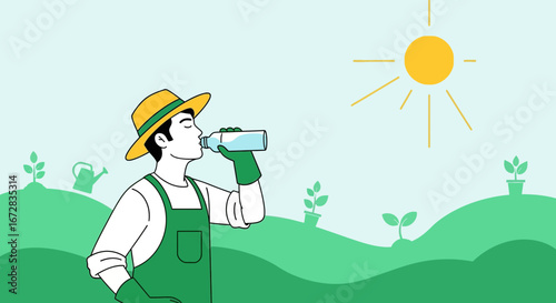 Gardener Hydrating Under The Warm Sun After Working Among Plants, Illustration