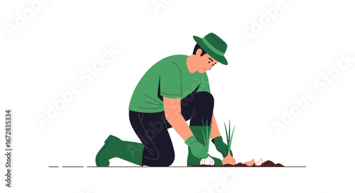 Gardener Kneeling And Planting Green Onions In Soil On Isolated White Background