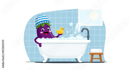 Happy Eggplant Having Relaxing Bath Time With Adorable Rubber Duck in Cartoon Bathroom