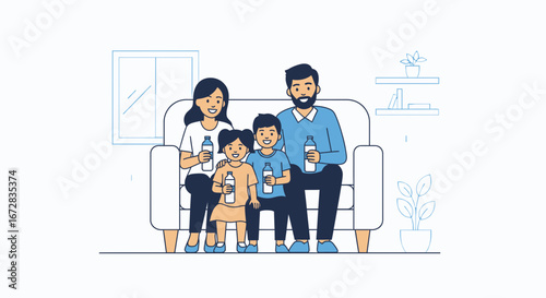 Happy Family Relaxing Together On A Sofa And Holding Water Bottles Illustrated Scene