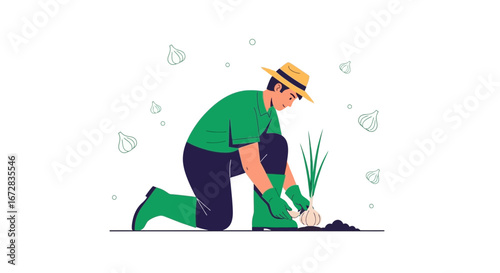 Gardener Planting Garlic: A Colorful Flat Illustration Depicting Agricultural Activities