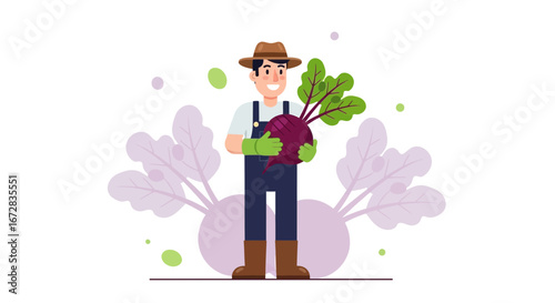 Happy Farmer Holding Fresh Beetroot Vegetable Cultivating Agriculture Concept