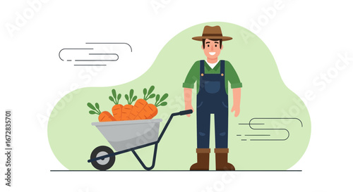 Happy Farmer Proudly Displaying Harvested Carrots in a Wheelbarrow with a Sunny Smile