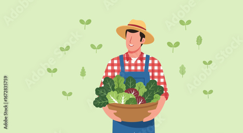 Happy Farmer Shows Harvest of Fresh Vegetables in a Bowl in a Bright Daylight