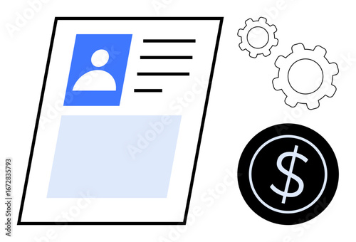 Profile document with user photo and text, dollar symbol for finance, and gears for settings or workflow. Ideal for business, HR, finance, systems design, teamwork, analytics simple landing page
