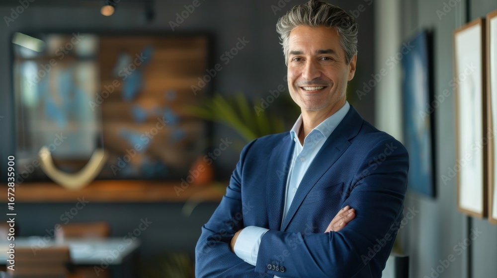 Fototapeta premium Happy mid aged business man ceo standing in office arms crossed. Smiling mature confident professional executive manager, proud lawyer, confident businessman leader wearing blue suit, portrait.