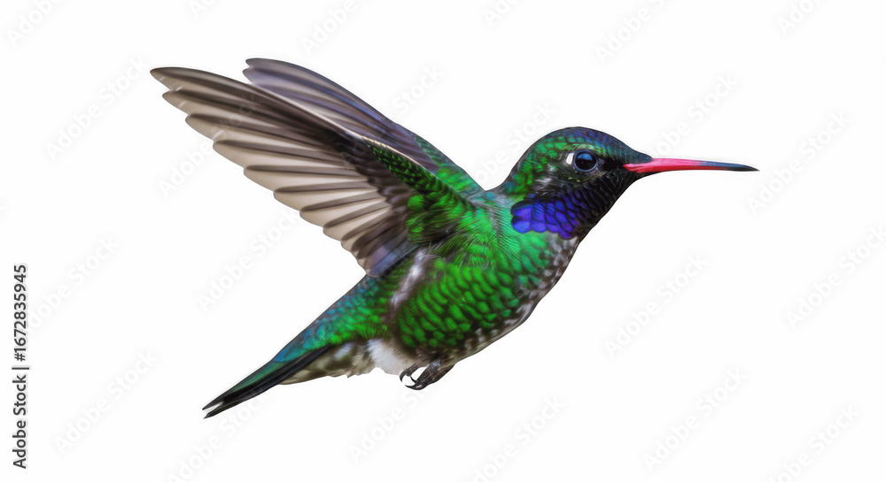 Obraz premium Iridescent Green Hummingbird (Colibri) in Flight with Bright Red Beak Isolated on Transparent PNG Background