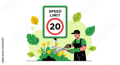 Gardener Trimming Bushes Near Speed Limit Sign Depicting Green Space Maintenance Concept
