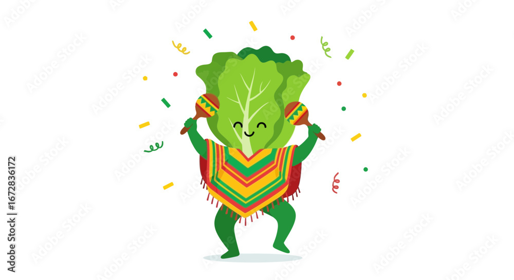 Obraz premium Happy Lettuce Character Celebrating Mexican Fiesta with Colorful Poncho and Maracas