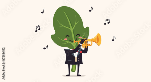 Happy Leafy Character Playing the Trumpet Amidst Musical Notes Vector Illustration