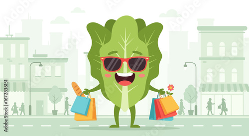 Happy Leafy Green Character Enjoying City Shopping With Bright Summer Sunglasses
