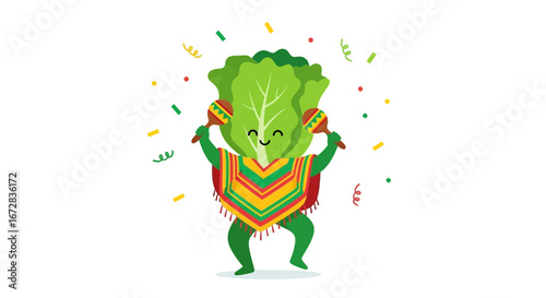 Happy Lettuce Character Celebrating Mexican Fiesta with Colorful Poncho and Maracas