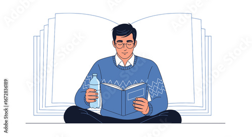 Gentle Moments Of A Man Reading With A Water Bottle And A Simple Outline Books