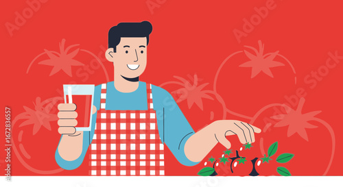 Happy Man Presenting Tomato Juice and Fresh Vegetables For Healthy Diet