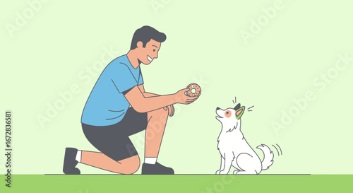 Happy Owner Plays With Cute Dog, Offering Donut For Training And Dog Behavior