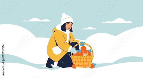 Girl Collecting Apples In A Winter Wonderland With A Basket Full Of Fruit