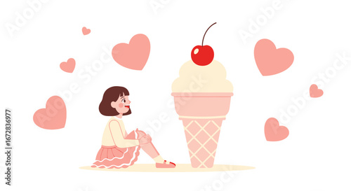 Girl Contemplating An Enormous Ice Cream Cone With Floating Hearts And Cherry Decoration