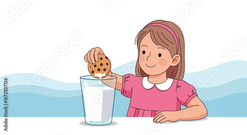 Girl Dipping Cookie Into Milk, Enjoying Sweet Moment and Dipping Experience