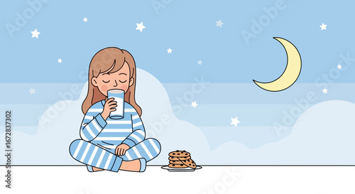 Girl Drinks Milk And Eats Cookies Under The Night Sky With Stars And The Crescent Moon