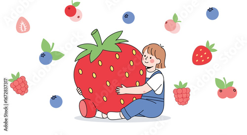 Girl Embraces a Giant Strawberry Amidst Scattered Berries in Playful Illustration