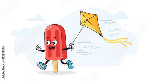 Happy Popsicle Mascot Enjoying The Day While Running And Flying Its Kite In The Sky