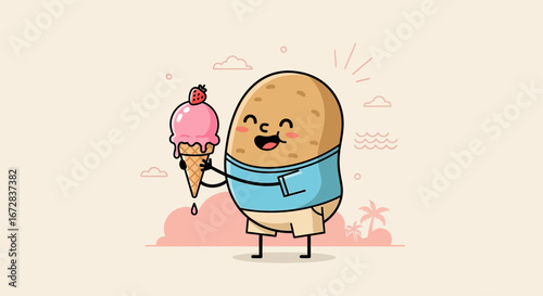 Happy Potato Character Enjoying Strawberry Ice Cream Cone On a Sunny Summer Day Dream