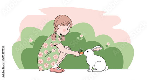 Girl Feeding Rabbit, Charming Illustration of Interaction, Kindred Spirit Moments