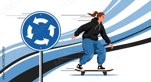 Girl Gliding Over Skateboard Symbolizing Urban Movement And The Pursuit Of Progress