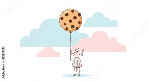 Girl Holding A Cookie Balloon Amongst Fluffy Pastel Clouds In The Cartoon Sky
