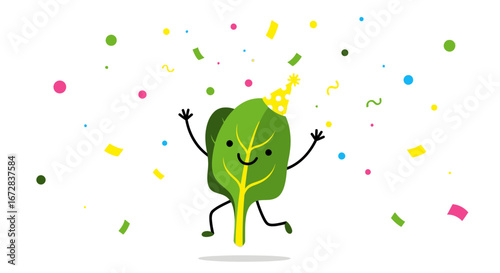 Happy Spinach Leaf Celebrates With Confetti At Party Illustration Isolated