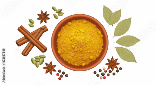 Flat Lay of Turmeric Powder in a Bowl Surrounded by Bay Leaves, Star Anise, Cinnamon, and Peppercorns Isolated on White