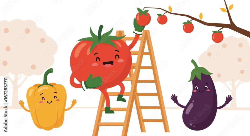 Fototapeta premium Happy Tomato Harvesting, Smiling Eggplant, and Cheerful Yellow Bell Pepper Together