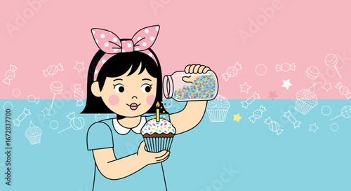 Girl Preparing Her Birthday Cupcake, Adoring Baking, Sweet Sprinkles, and Happiness