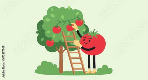 Happy Tomato Character Harvesting Juicy Red Tomatoes From A Lush Green Tree