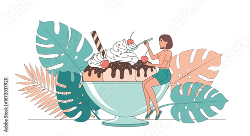 Girl Tasting Ice Cream Sundae Under Tropical Leaves In Pastel Colored Illustration