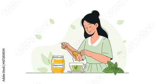 Harmony: A Woman Preparing Mint Tea, Evoking Peace, Wellness, And Self-Care