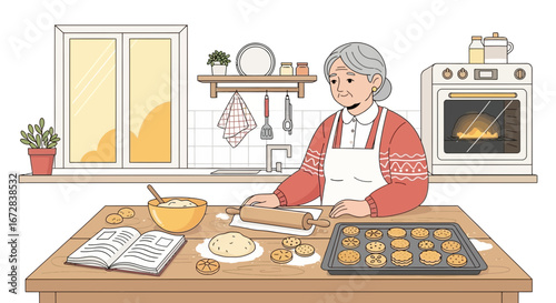 Grandmother Baking Cookies In Cozy Kitchen, Home Baking, Vintage Kitchen Interior Illustration