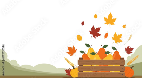 Harvest Abundance: A Rustic Autumn Scene Featuring Fruits, Leaves, and Countryside Elements