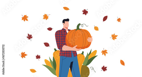 Harvest Season Arrival: Man Embracing Pumpkin Amidst Seasonal Autumnal Foliage