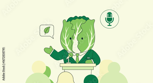 Green Cabbage Leader Addressing Audience Promoting Environmental Preservation Concept Illustration