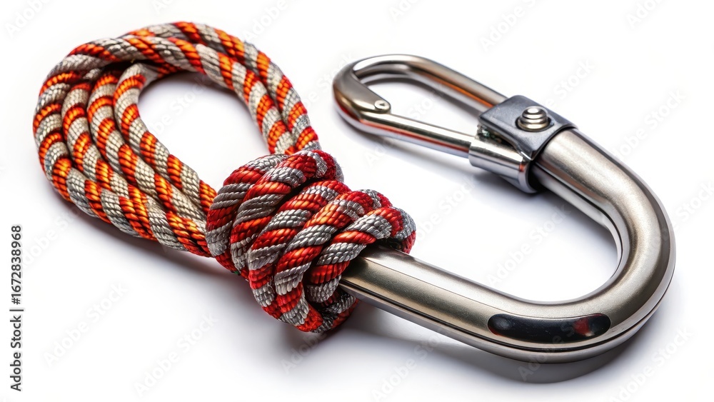 Fototapeta premium Metal aluminum snap hook isolated on white background with rope and climbing equipment