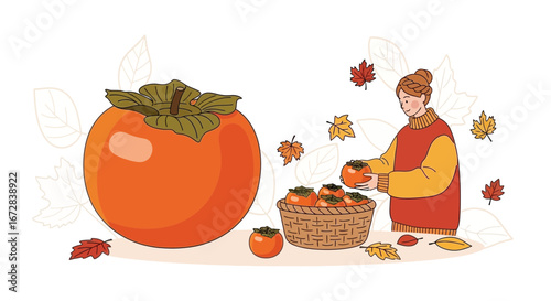 Harvest Time Depiction, Woman Collecting Persimmons With Autumnal Leaves, Vector Illustration
