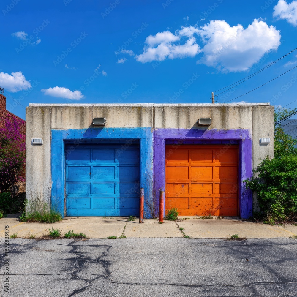 Naklejka premium Colorful garages against a blue sky