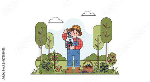 Harvesting Berries: An Illustration of a Farmhand Preparing the Summer Bounty