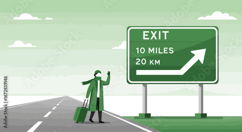 Green Suitcase Traveler Signaling Exit, Sign Indicating Destination Nearby For Vacation