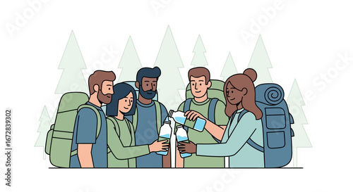 Group Of Adventurers Refilling Water Bottles During A Forest Trekking Expedition