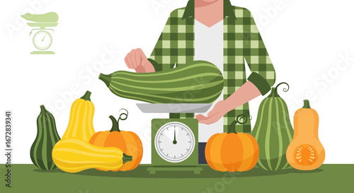 Harvesting Fresh Vegetables Illustrated: Farmer Weighing Large Zucchini and Pumpkins