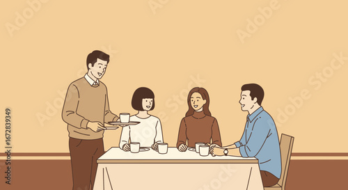 Group Of Friends Conversing Happily While Being Served Coffee At Cafe In Sepia Tones